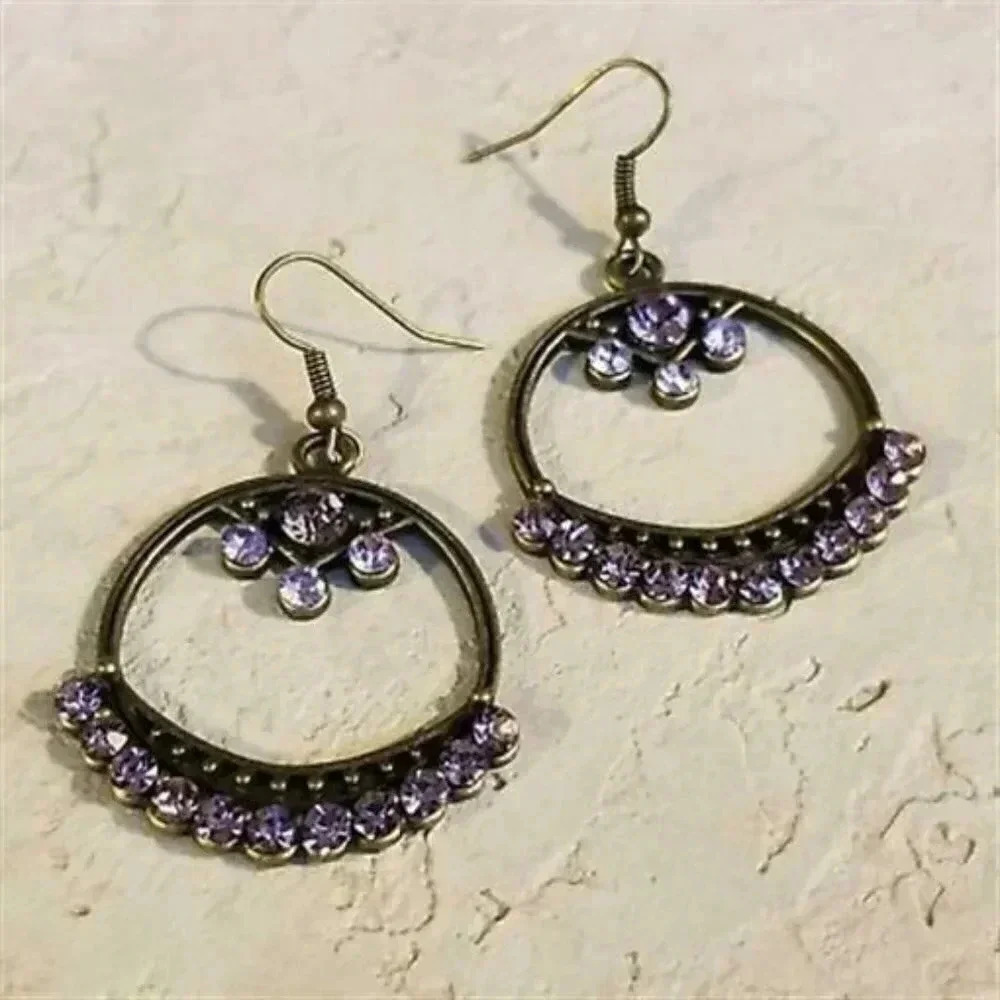 Steampunk Victorian Pale Purple Rhinestone Circle Dangle Earrings Antique Brass